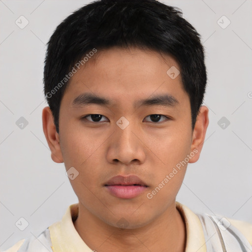 Neutral asian young-adult male with short  brown hair and brown eyes