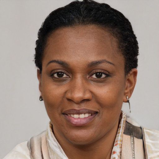 Joyful black young-adult female with short  brown hair and brown eyes