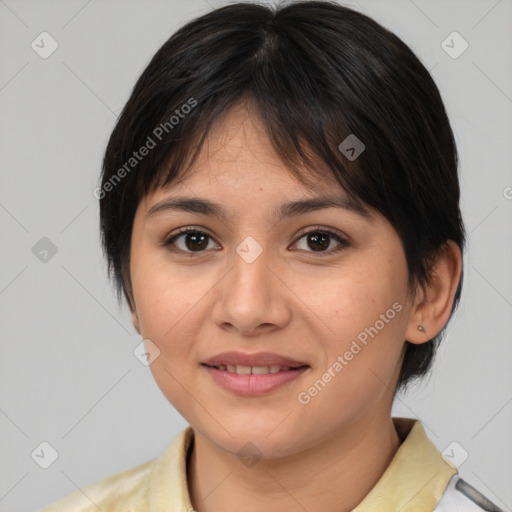 Joyful white young-adult female with medium  brown hair and brown eyes