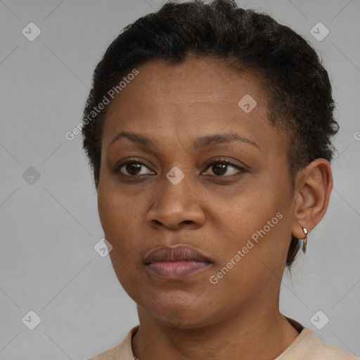 Joyful black adult female with short  brown hair and brown eyes