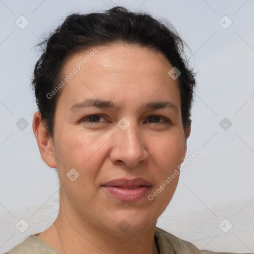 Joyful white adult female with short  brown hair and brown eyes