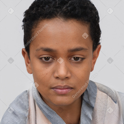 Neutral black young-adult female with short  brown hair and brown eyes