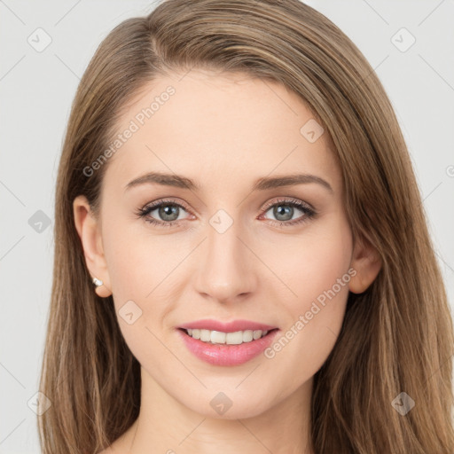 Joyful white young-adult female with long  brown hair and grey eyes