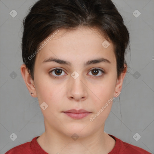 Neutral white young-adult female with medium  brown hair and brown eyes