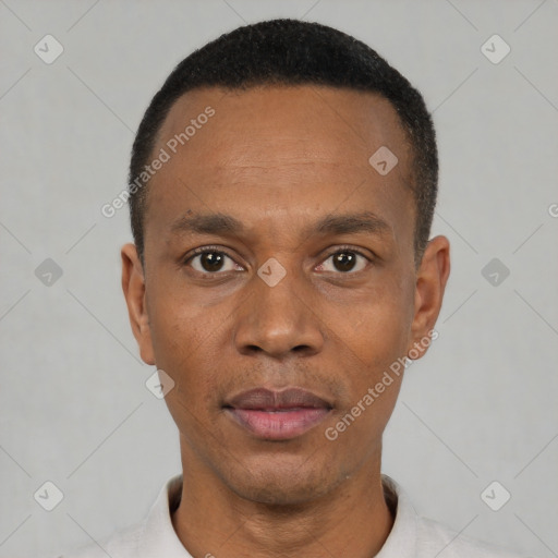 Neutral black adult male with short  black hair and brown eyes