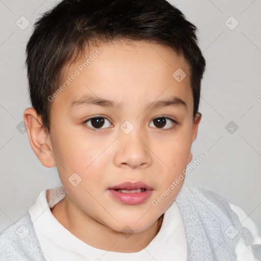 Joyful white child female with short  brown hair and brown eyes