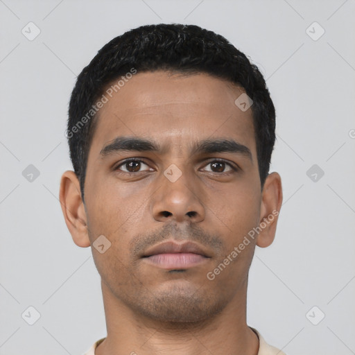 Neutral latino young-adult male with short  black hair and brown eyes