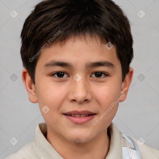 Joyful white child male with short  brown hair and brown eyes