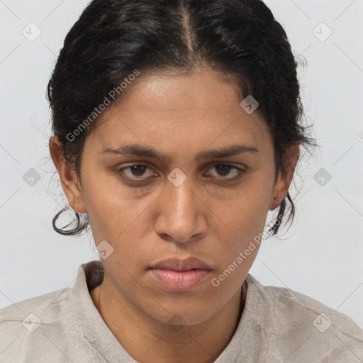 Neutral asian young-adult female with short  brown hair and brown eyes