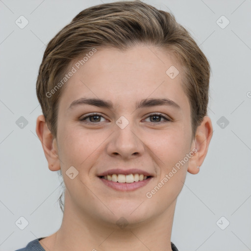 Joyful white young-adult female with medium  brown hair and grey eyes