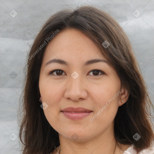 Joyful white young-adult female with medium  brown hair and brown eyes