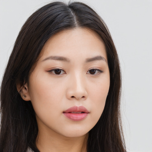 Neutral asian young-adult female with long  brown hair and brown eyes