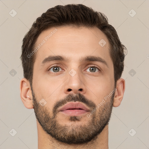 Neutral white young-adult male with short  brown hair and brown eyes