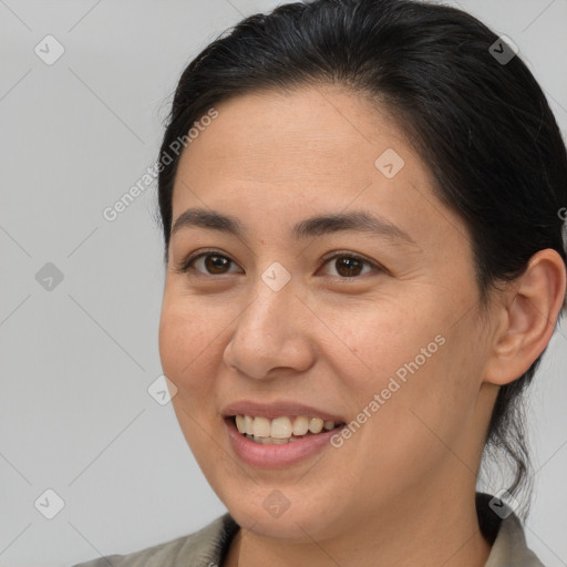 Joyful white young-adult female with medium  brown hair and brown eyes