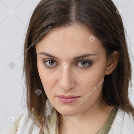 Neutral white young-adult female with medium  brown hair and brown eyes