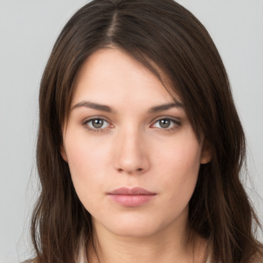 Neutral white young-adult female with long  brown hair and brown eyes