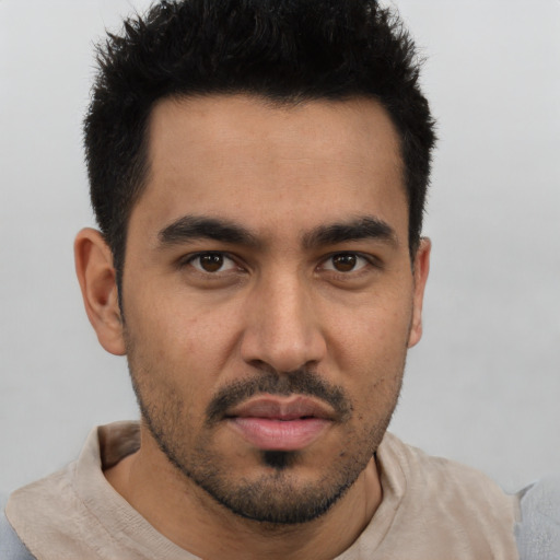 Neutral asian young-adult male with short  black hair and brown eyes