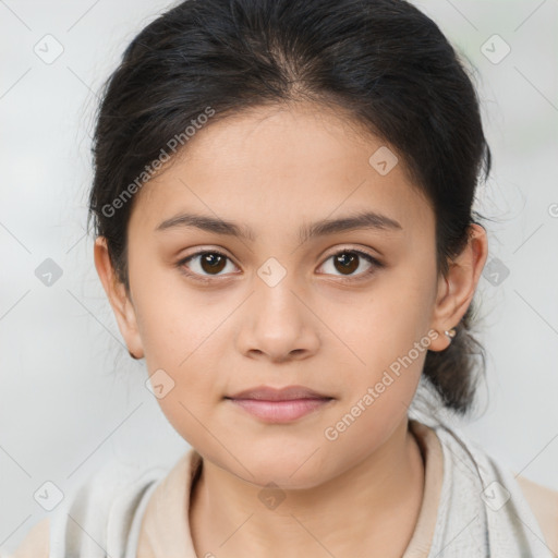 Joyful white child female with medium  brown hair and brown eyes