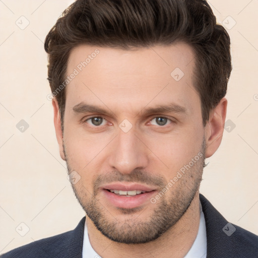 Joyful white young-adult male with short  brown hair and brown eyes