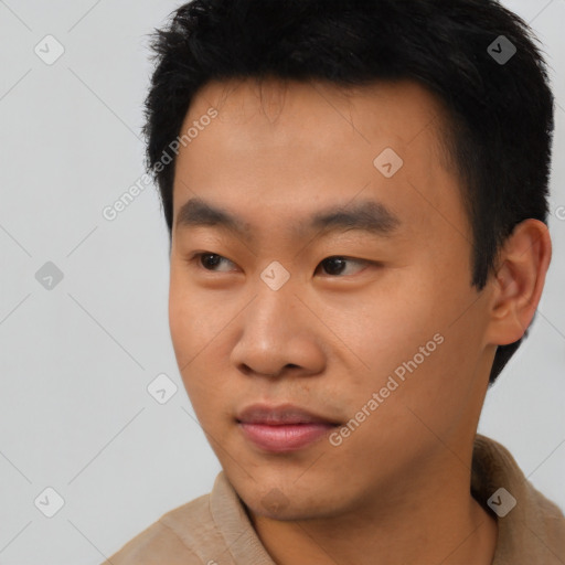 Neutral asian young-adult male with short  black hair and brown eyes