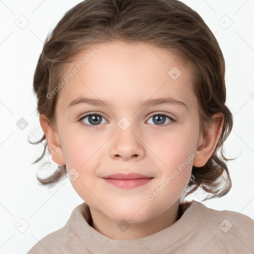 Joyful white child female with medium  brown hair and grey eyes