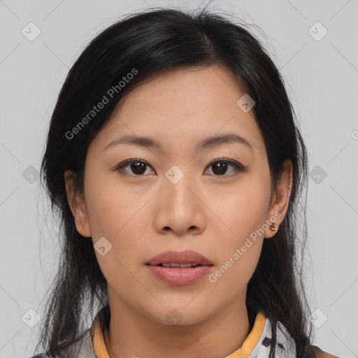 Neutral asian young-adult female with medium  brown hair and brown eyes