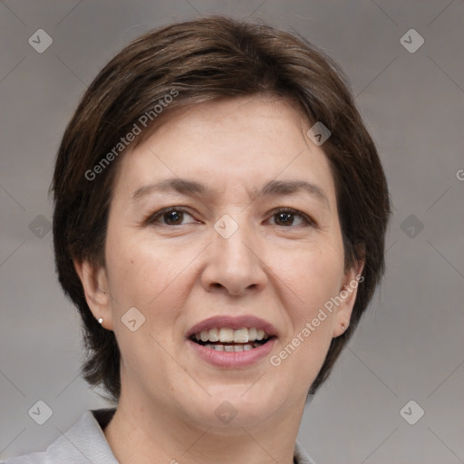 Joyful white adult female with medium  brown hair and brown eyes