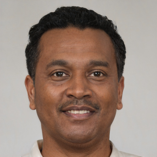 Neutral black adult male with short  brown hair and brown eyes
