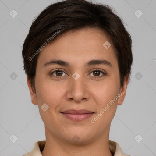 Joyful white young-adult female with short  brown hair and brown eyes