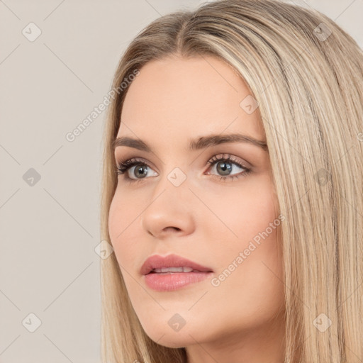 Neutral white young-adult female with long  brown hair and brown eyes