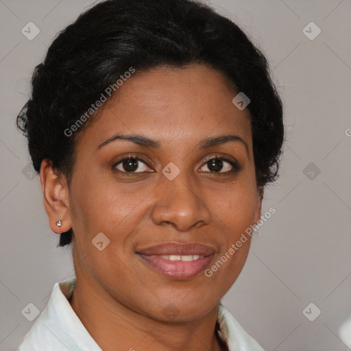 Joyful latino young-adult female with short  brown hair and brown eyes