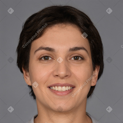 Joyful white young-adult female with short  brown hair and brown eyes