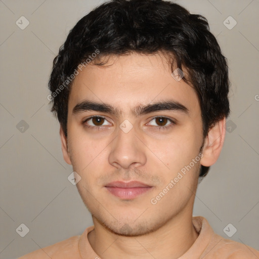 Neutral white young-adult male with short  black hair and brown eyes