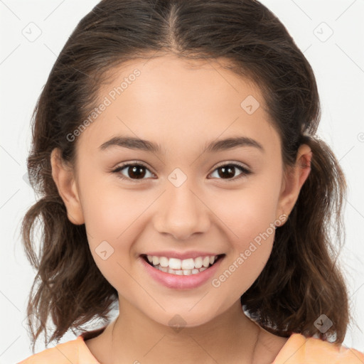 Joyful white child female with medium  brown hair and brown eyes