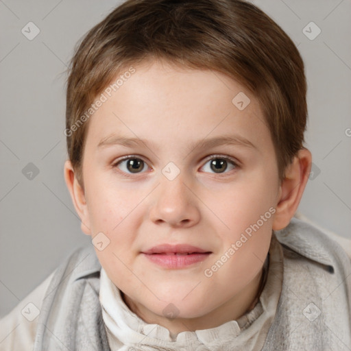 Joyful white child female with short  brown hair and brown eyes