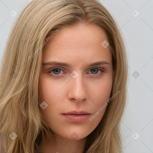 Neutral white young-adult female with long  brown hair and brown eyes