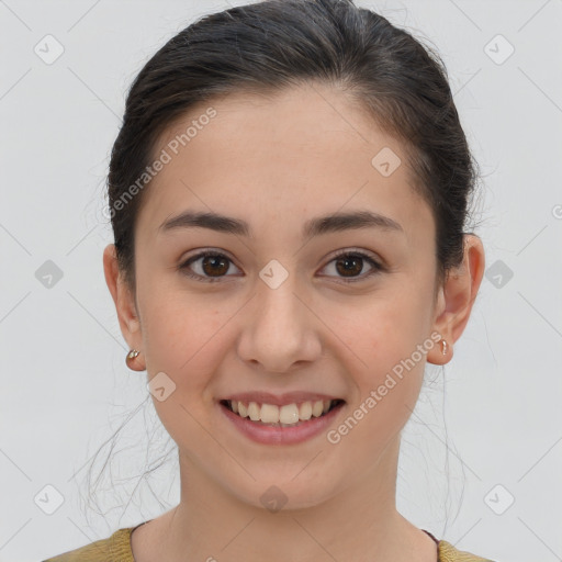 Joyful white young-adult female with medium  brown hair and brown eyes