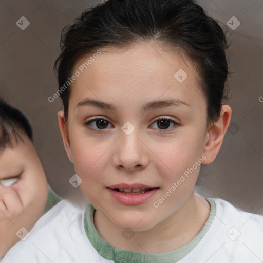 Joyful white child female with short  brown hair and brown eyes