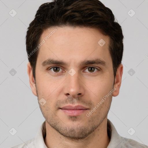 Neutral white young-adult male with short  brown hair and brown eyes