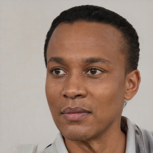 Joyful black young-adult male with short  black hair and brown eyes