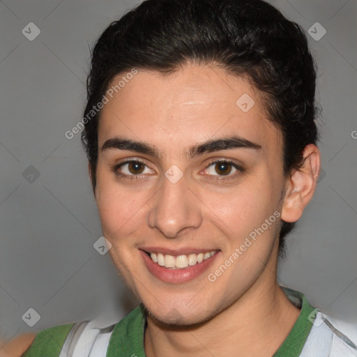 Joyful white young-adult female with short  brown hair and brown eyes