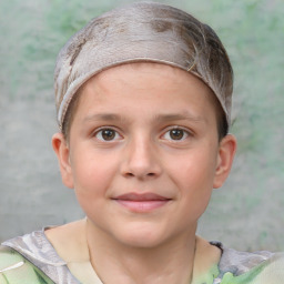 Joyful white child female with short  brown hair and grey eyes