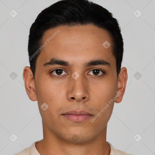 Neutral latino young-adult male with short  black hair and brown eyes