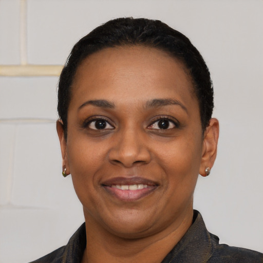 Joyful black young-adult female with short  black hair and brown eyes