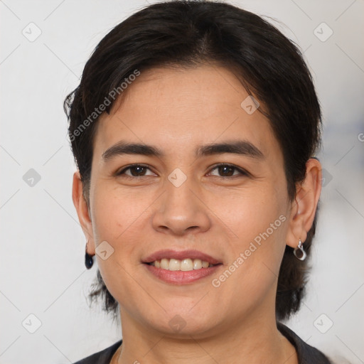 Joyful white young-adult female with medium  brown hair and brown eyes