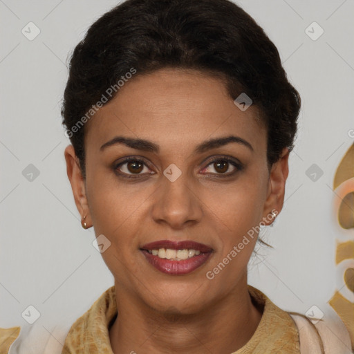 Joyful latino young-adult female with short  brown hair and brown eyes