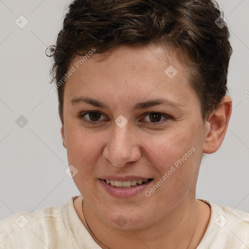 Joyful white young-adult female with short  brown hair and brown eyes