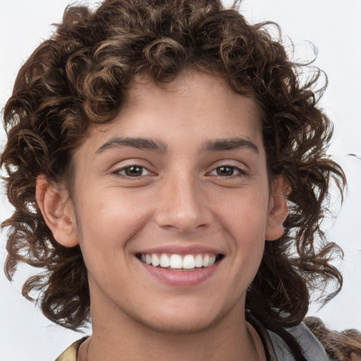 Joyful white young-adult male with medium  brown hair and brown eyes