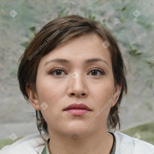 Neutral white young-adult female with medium  brown hair and brown eyes