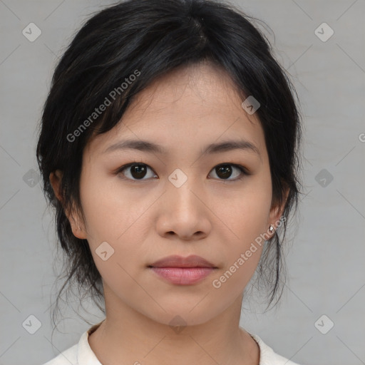 Neutral asian young-adult female with medium  brown hair and brown eyes